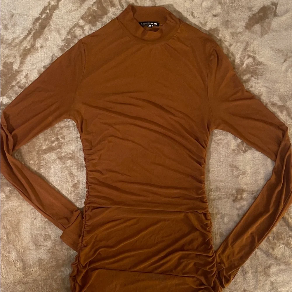 Elegant Brown Long Sleeve sheer scrunched Dress - Picture 2 of 6